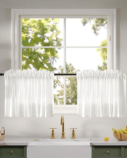 Anmao Non-See-Through Valance Kitchen Curtains 18 Inch Length 2 Panels Set, Off White Privacy Light Filtering Semi Sheer Over Sink Short Cafe Curtain Tiers for Small Windows, 25W x 18L, Ivory White