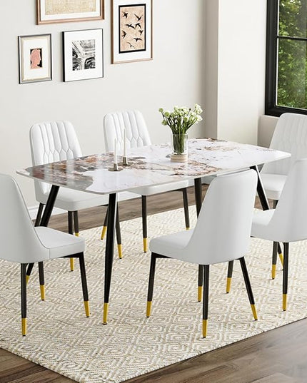 Modern Dining Set for 6, Sintered Stone Table Top, White Chairs, 62'' W x Unknown H x D, Dining Room