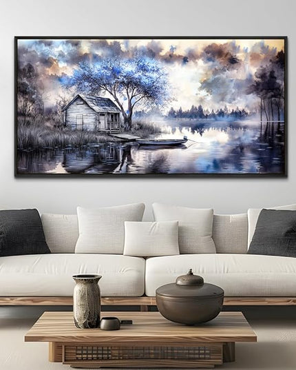 ERQINHUA Large Wall Decor For Living Room Canvas Wall Art For Office Bedroom Blue Tree Lakeside Landscape Painting Black Frame Artwork Pictures Modern Beach Posters Ready To Hang Home Decor 30"x60"