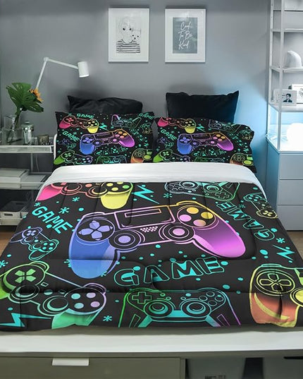 Sunnycitron Colorful Gamepad Gamer Comforter Set for Boys Gaming Bedding Set Teens Game Room Decor Full (1 Comforter + 2 Pillowcase)