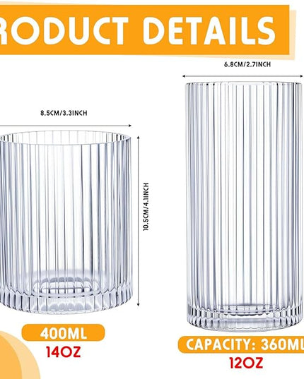 Zhehao 12 Pcs Ribbed Drinking Glasses Set 12 oz 14 oz Glass Cups Vintage Glassware Ribbed Cocktail Cup Clear Ice Coffee Highball Ripple Drinkware for Home Bar Beverages