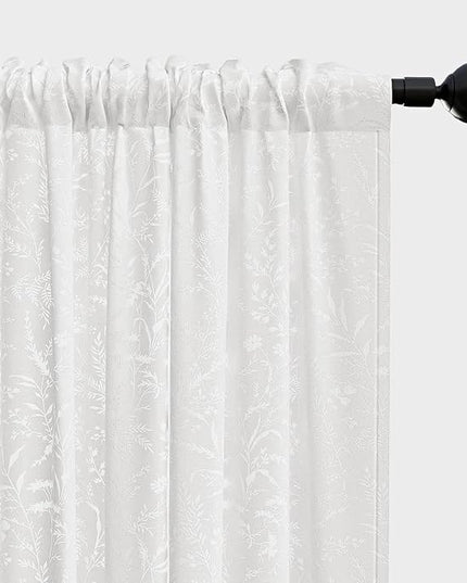 Anmao White Semi Sheer Light Filtering Curtains 72 Inches Long 2 Panels, Leaf Pattern Drapes for Living Room Bedroom, Rod Pocket Sheer Window Treatments with Floral Design, 52x72 Inch