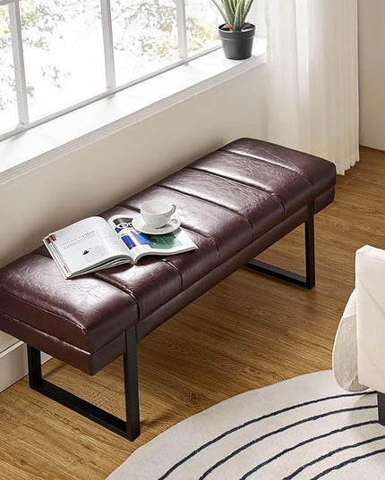 HULALA HOME 53" Faux Leather Entryway Bench, Button Tufted End of Bed Bench Ottoman for Bedroom, Living Room with Metal Base,Brown