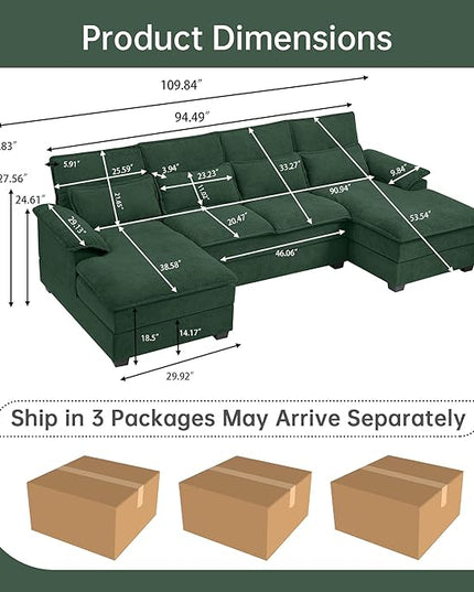 110" Convertible Sectional Sofa, U Shape Cloud Couch, Comfy Couches with Double Chaise and Sleepable Armrests, 4 Seats Sectional Couches for Living Room, Green