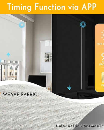 Persilux Smart Motorized Blinds with Remote, No Drill Automatic Roller Shades for Indoor Windows, Blackout Linen Fabric, Electric Blinds for Windows, Weave Mat C162BO-2, Custom Size