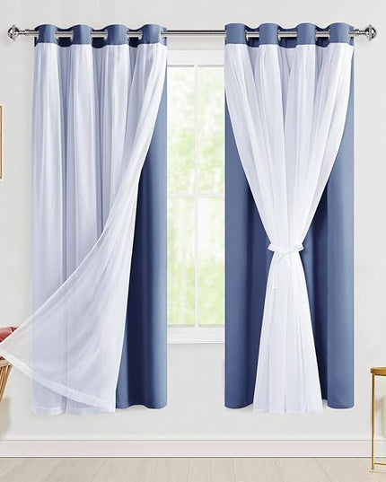 Hiasan Blackout Curtains with Sheer Overlay, Thermal Insulated Mix & Match Double Layer Room Darkening Window Curtains for Bedroom,Living Room,Nursery 2 Panels with Tiebacks (52W X 63L,Blue Haze)