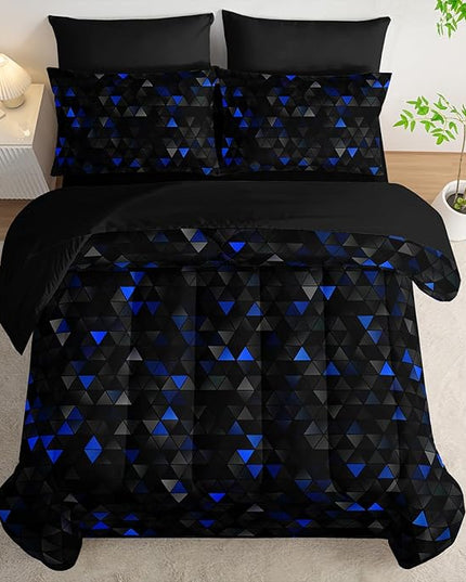 Geometric Blue Black Triangle Queen Size Comforter Set,Light Honeycomb Bedding Set 7 Piece in A Bag,Bed Sheet Set Geometry Decor,Microfiber Lightweight All Season