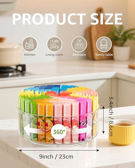 Rotating Drink Mix Organizer, Clear Lazy Susan Turntable for Powder Packet, Water Packet, Water Flavor Packet, Divided Drink Packet Organizer