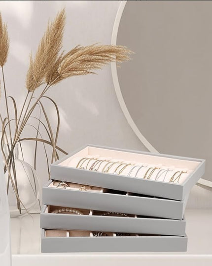 LANDICI Stackable Jewelry Organizer Trays 4 Set,PU Leather Jewelry Organizer Drawer,Jewelry Storage Display Tray for Earring Necklace Rings Bracelet with Removable Dividers,Grey