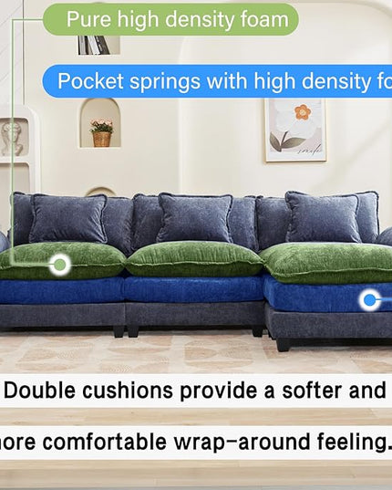 120" Modular Sectional Sofa, Comfy Cloud Couch Sectional Sofa with Ottoman, Chenille Sofa Sleeper Deep Seat Sofa with Throw Pillows for Living Room (Blue, 120"- L Shape)