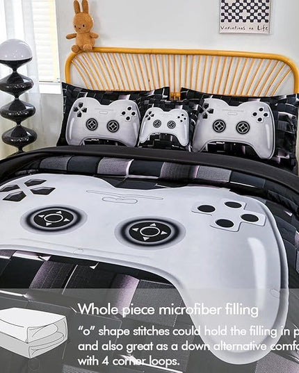 PERFEMET 6 Pieces Bed in A Bag Gamer Comforter Set Queen Size-Black White Game Console Bedding Set for Boys Girls-Soft Comfy 3D Cool Video Game Kids Bed Set(White, Queen)