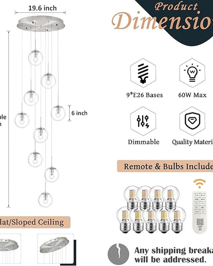 KoKo&Yukina 9-Light Globe Glass Pendant Light Adjustable Length Pendant Lights Fixtures Modern Nickel Clear Globe Glass Chandelier High Ceiling Lights Fixtures for Staircase (Bulb & Remote Incl.)