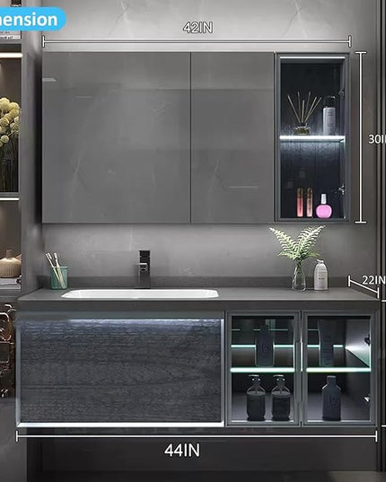 44IN Bathroom Vanity - Bathroom Vanity with Sink Combo, Motion Sensor Light Indoor & Transparent Glass Cabinet Doors | Floating Vanity with Grey Storage Cabinet