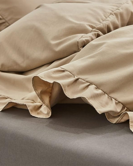 CLOTHKNOW Taupe Ruffles Comforter Set California King 3Pcs Farmhosue Bedding Comforter Sets Soft Khaki Boho Comforter with 2 x Pillow Cases