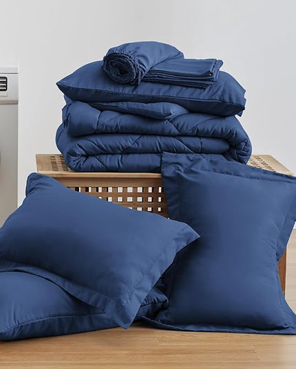 Love's cabin Full Comforter Set Dark Blue, 7 Pieces Full Bed in a Bag, All Season Bedding Sets with 1 Comforter, 1 Flat Sheet, 1 Fitted Sheet, 2 Pillowcase and 2 Pillow Sham