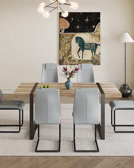 Dining Table Set for 6，Dinner Table Set for 6，71'' Kitchen Table and PU Leather Chairs Set of 6，6 Chair Dining Table Set for Kitchen Dining Room