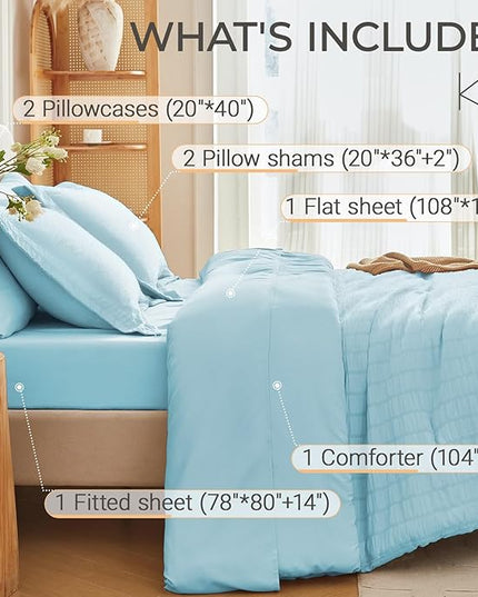 MUXHOMO 7 Pieces King Comforter Set, Seersucker Bed in a Bag King Size, All Season Luxury Bedding Set with Comforter, Flat Sheet, Fitted Sheet, Pillowcases & Shams, Lake Blue