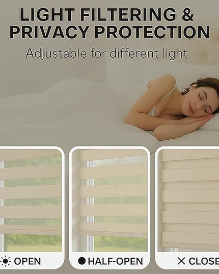 Shadesu Custom Size Zebra Blinds for Windows, 29" W x 72 H, Cream, Dual Layer Free-Stop Zebra Shades, Light Control for Day and Night, Sheer Blinds for Indoor Windows, Bedroom, Kitchen