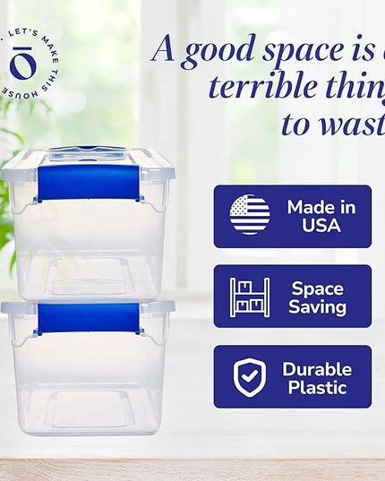 HOMZ 5-Pack Latching Lid, Clear Plastic Storage Organizer Bins, 7.5 Quart, Blue Latch - Stackable Organizing Containers for Home, Garage, and Office