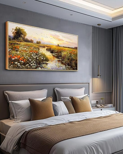 PHAOHUAXM Large Wall Art For Living Room Canvas Wall Decor For Bedroom Watercolour Painting Office Decoration Countryside Sunrise Scenery Wall Picture Ready To Hang Home Decor Wood Framed 20x40 In