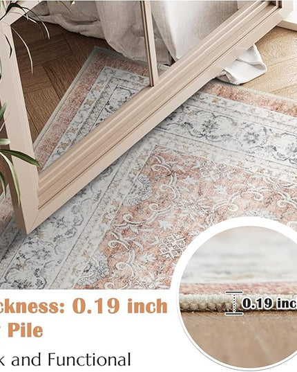 jinchan Floral 5x7 Area Rugs for Bedroom - Machine Washable Vintage Distressed Boho Design Throw Rug Stain Resistant Carpet Low-Pile Thin Non-Slip for Nursery Living Room Dining Room (5‘x7', Orange)