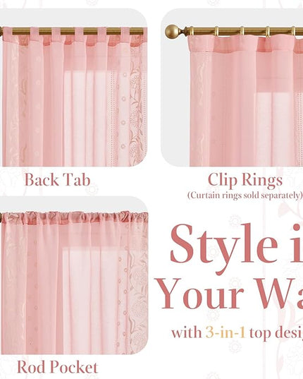 jinchan Winslow Sheer Curtains 63 Inch Length for Dorm Bedroom Bordered Floral Pattern Decorations Short Curtains Light Filtering Window Treatments, 50W x 63L, Beige on Pink, 2 Panels