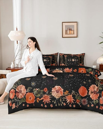 Feelyou Sun Moon Trippy 7 Piece Bedding Set Twin Size Red Floral Comforter Set with Sheets for Kids Adult Boho Nature Bed in a Bag Starry Galaxy Bed Set