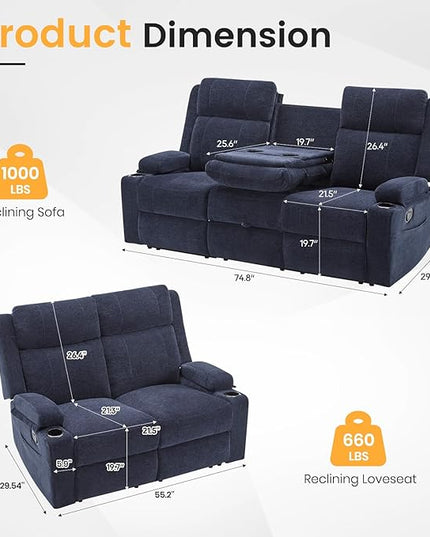 Manual Living Room Reclining Sofa Set, Comfy Chenille Loveseat Recliner Sofa & Deep Seat Reclining Couch, RV Wall Hugger Recliner Sofa Set for Living Room Furniture Sets(Blue)