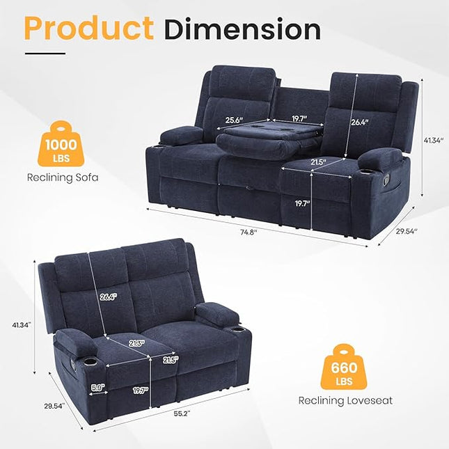 Manual Living Room Reclining Sofa Set, Comfy Chenille Loveseat Recliner Sofa & Deep Seat Reclining Couch, RV Wall Hugger Recliner Sofa Set for Living Room Furniture Sets(Blue)