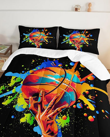 Black Basketball Comforter Set King Size,Watercolor Tie-dye Comforter Color Graffiti Hip Hop Style King Bed Set,Ball Sports Games Bedding Set for Teens Kids Bedroom Decor with 2 Pillowcases.