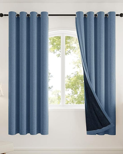 100% Blackout Curtains 72 inch Length 2 Panels Set for Dining Room Master Room, Thick Soft Linen-Look Textured Full Light Blocking Room Darkening Thermal Insulated Drapes (W52xL72, Blue)