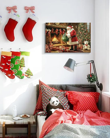 YONICA Christmas Wall Decor Santa Canvas Wall Art Home Decorations 24x18 Inches - Santa Pictures Christmas Pine Tree Bear Doll Prints Winter Painting Xmas Artworks for Living Room Bedroom
