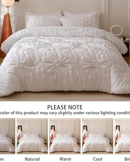 White Full Comforter Set - 7 Pieces Bed in a Bag, Premium Comforters Full Size Bed Set Pintuck Pinch Pleat Complete Comforter Set with Flat Sheet, Fitted Sheet and Pillowcases,White