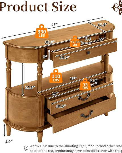 HMFULE Retro Curved Console Table, 43" Solid Wood Half Moon Console Table Entryway Table Sofa Table with Open Shelf Curved Corners 3 Drawers Pine Roman Legs for Living Room,Hallway,Entryway,Brown