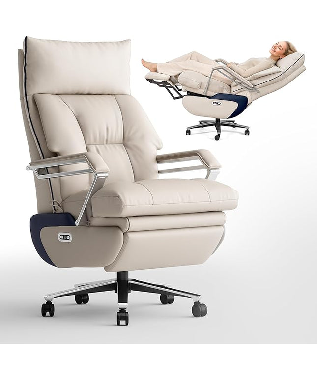 M80A Dual Motor Electric Executive Office Chair with Footrest, Comfortable Reclining Office Chair Wide Seat, Big and Tall Ergonomic Leather Home Office Desk Chair (Beige,No Massage)