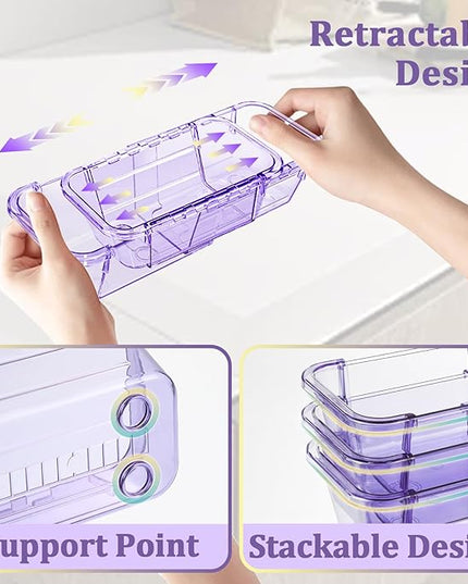 14 Pcs Adjustable Clear Drawer Organizer, Extendable Vanity Storage Bins, Desk Drawer Organizer Set for Makeup, Cosmetics, Bedroom, and Gadgets, Purple