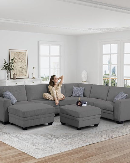 Legend Vansen Oversized Modular Sectional Sofa,8 Seat U Shaped Couch with Ottoman,Corduroy Sofa with Deep Seat,Convertible Large Sectional Couches for Living Room (Grey, U-8)