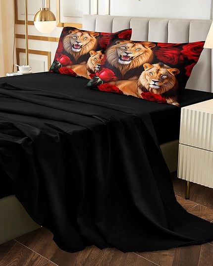 Bedbay Bedding Comforter Set King Size Wild Animal Bedding Set Rose Flowers and Lion Couple Printed 8 Pieces King Bed in a Bag Set Teen Adults Comforter Set with Sheets