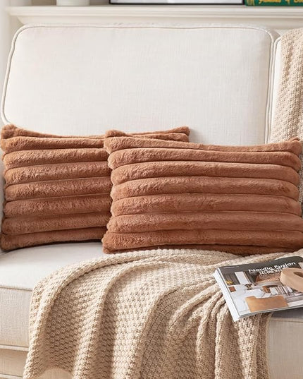 DEELAND Pack of 2,Double-Sided Faux Fur Plush Decorative Throw Pillow Covers Fuzzy Striped Soft Pillowcase Cushion Covers for Sofa Couch Bedroom Brown 12x20 inch