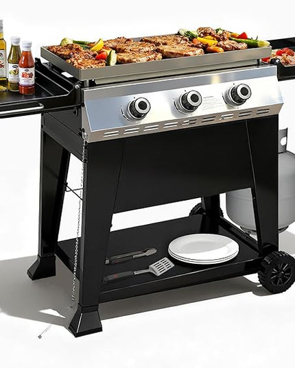 28 Inch Outdoor Flat Top Gas Propane Griddle with 3 Burners 36,000BTU,Powder Coated Steel Portable Gas Grill with Side Shelves for BBQ,Camping,Backyard