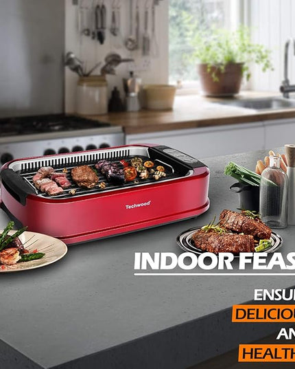 Smokeless Indoor Grill, Techwood 1500W Electric Grill Portable Korean Grill Non-Stick Grill Plates with Temperature Control, Removable Drip Tray, Tempered Glass Lid, Dishwasher-Safe