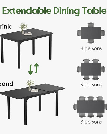 Extendable Dining Table, Modern Wooden Rectangle Kitchen Table for 4-8 People with Strong Metal Legs, Space Saving Expandable Dining Room Tables for Restaurant, Conference, Black