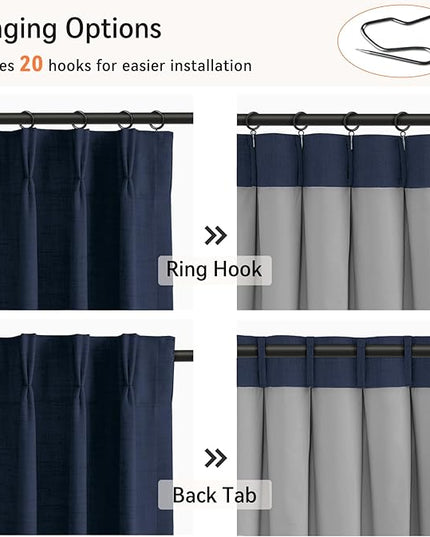 100% Blackout Shield Linen Look Textured Pinch Pleated Curtains Blackout Drapes 84 Inch Long 2 Panels Set, Faux Linen Blackout Curtains for Bedroom & Living Room, 40" W x 84" L, Midnight Blue