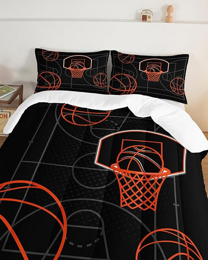 Basketball Court Print Full Comforter Set for Boys,Ball Sports Games Bedding Set for Teens Kids Bedroom Decor,Orange Basketball Comforter Sets with 2 Pillowcases.