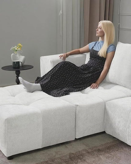 JACH 144.1 Inch U-Shaped Modular Sofa, Mid Century Modern Deep Seat Sectional Couch, 3-Seater Sofas with Chaise Ottomans for Living Room, Cozy Sofas for Apartment, Living Room (Linen Fabric, White)