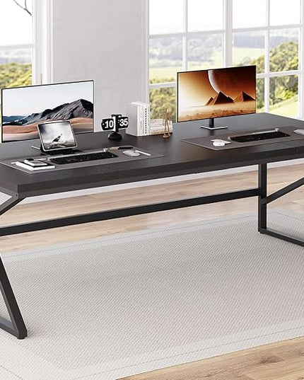 HSH Extra Long Black Computer Desk, 78 inch Large Home Office 2 person Desk, Industrial Metal Wood double Desk for Executive Work Writing Study, Modern Black Bedroom Living Room PC Laptop Gaming Table