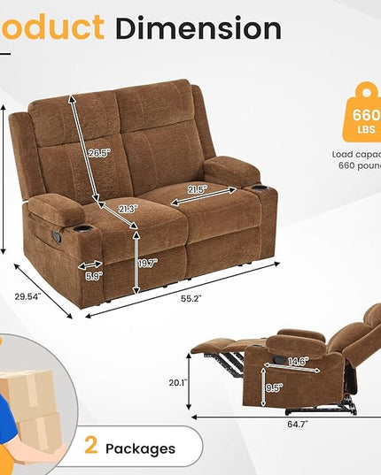 Loveseat Recliner, Loveseat Sofa with Adjustable Footrest, Wall Hugger Recliner for Living Room & Home Theater & RV(Brown)