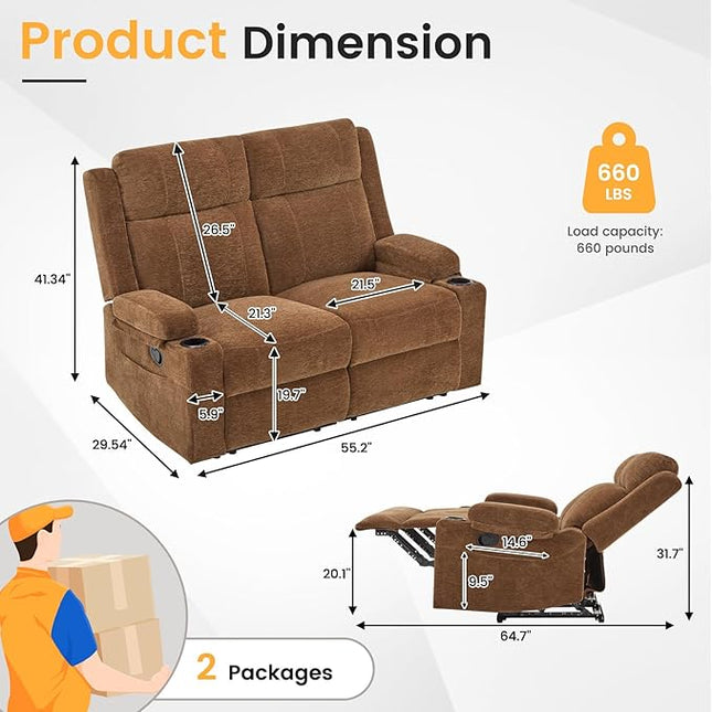 Manual Living Room Reclining Sofa Set, Comfy Chenille Loveseat Recliner Sofa & Deep Seat Reclining Couch, RV Wall Hugger Recliner Sofa Set for Living Room Furniture Sets(Brown)