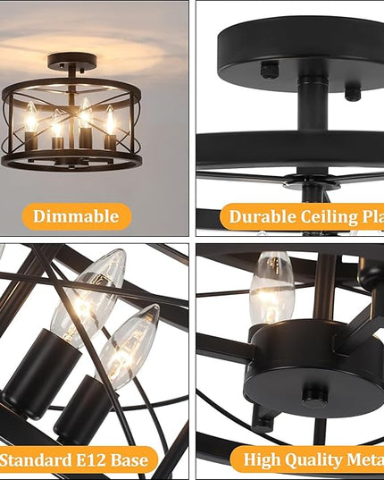 TOULMJ 4-Light Black Semi Flush Mount Ceiling Light, Modern Entryway Light Fixtures, Farmhouse Light Fixtures Ceiling Mount for Kitchen Island Laundry Hallway Dining Room, UL-Listed