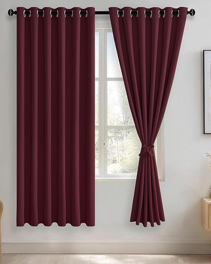 JIUZHEN Burgundy Blackout Curtains with Tiebacks Thermal Insulated, Light Blocking and Noise Reducing Grommet Curtains for Bedroom and Living Room, Set of 2 Window Curtain Panels, 70 x 72 Inch Length